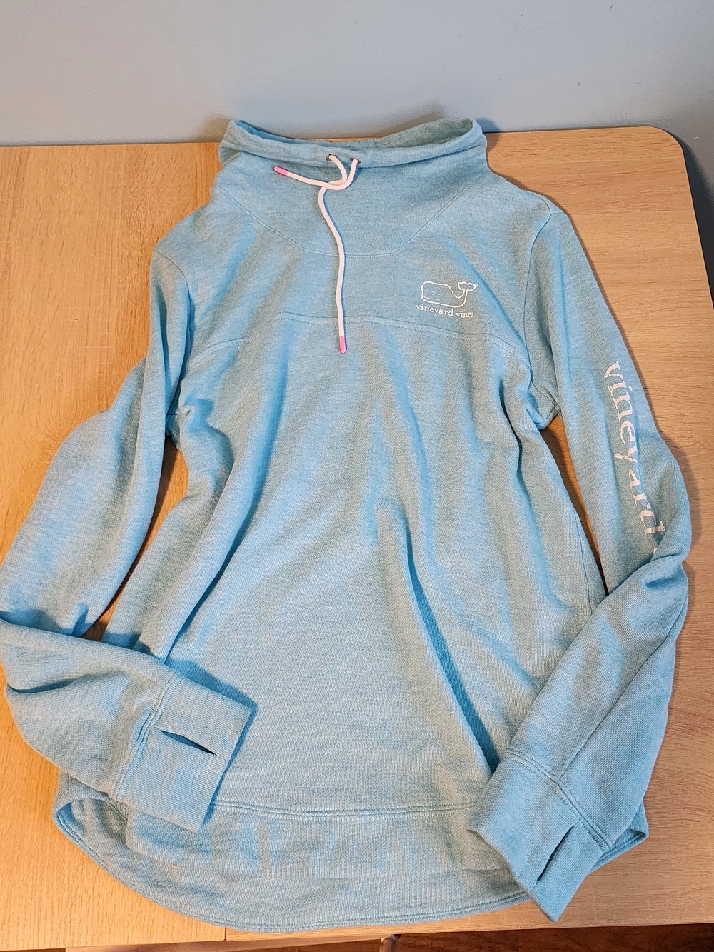 Vineyard Vines Women’s Light Blue Cowl Neck Pullover with Pink Drawcord